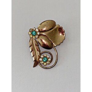 Gold Tone Floral Spiral Leafed Blue & White Rhinestone Brooch